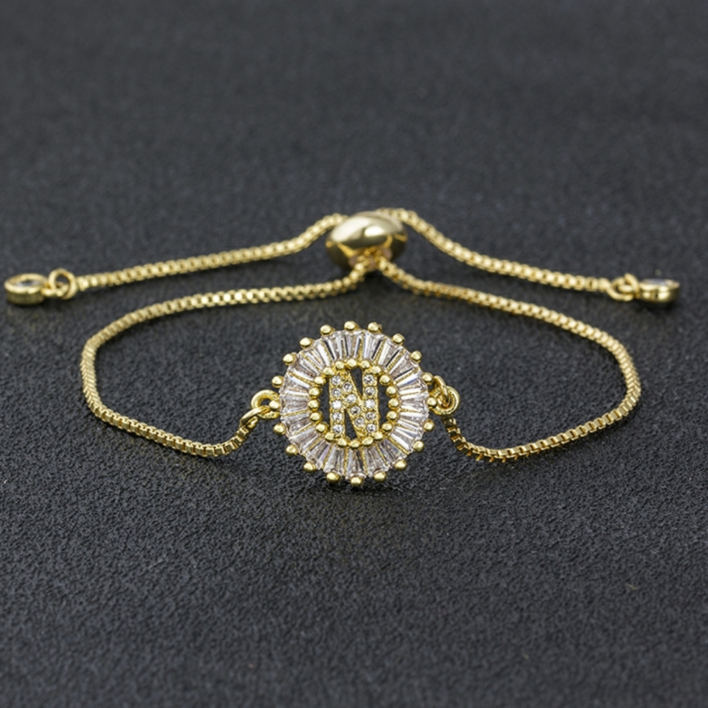 Initial N micro pave cubic zircon 18k gold plated letter charm bracelet